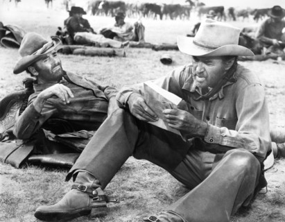 Henry Fonda, James Stewart, on-set of the film, "The Cheyenne Social Club", National General