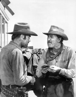 Henry Fonda, James Stewart, on-set of the film, "The Cheyenne Social Club", National General