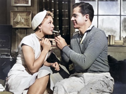 Betty Hutton, Dana Andrews, on-set of the film, "Spring Reunion", United Artists, 1957