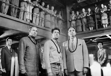 Lee Richardson, Martin Sheen, Harris Yulin, on-set of the film, "The Believers", Takashi Seido,