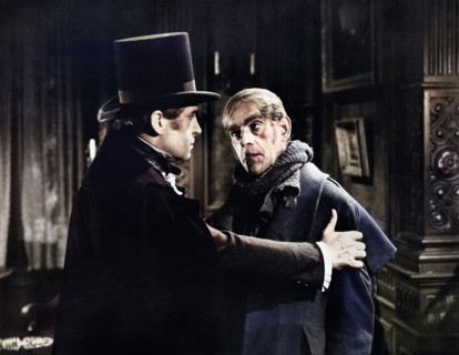 Henry Daniel, Boris Karloff, on-set of the film, "The Body Snatcher", RKO Radio Pictures, 1945