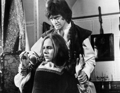 Patrick Mower, Hilary Heath, on-set of the British film, "Cry Of The Banshee", American