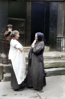 Two Syrian women talking in front of residential building, New York City, New York, USA, Bain News