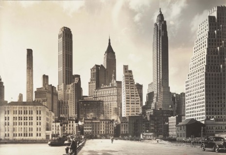 Manhattan skyline, South Street and Jones Lane, New York City, New York, USA, Berenice Abbott,