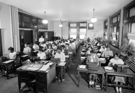 African American students in class learning how to type at segregated Robert Gould Shaw Junior High