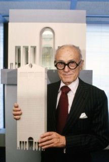 American architect Philip Johnson holding a model of AT&T building, New York City, New York, USA,