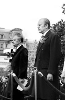 U.S. President Gerald Ford standing with Liam Cosgrave, Prime Minister of Ireland, outside the