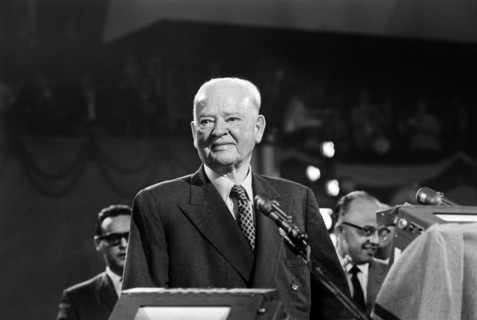 Former U.S. President Herbert Hoover speaking at rostrum during Republican National Convention,