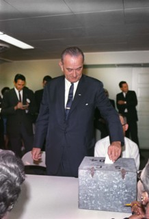 U.S. President Lyndon B. Johnson placing his vote in ballot box, Pedernales Electric Co-op
