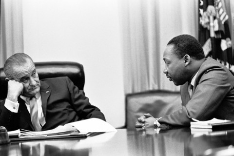 U.S. President Lyndon Johnson, Martin Luther King, Jr., during civil rights meeting, Cabinet Room,