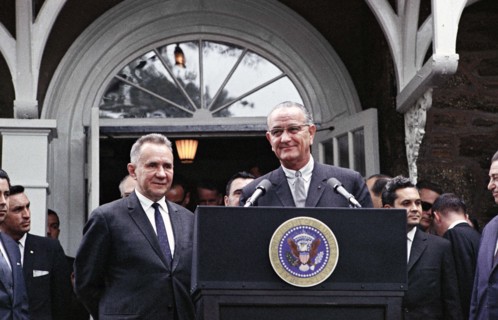 Soviet Premier Aleksei Kosygin, U.S. President Lyndon B. Johnson at podium, Glassboro Summit