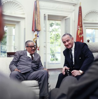 Thurgood Marshall with U.S. President Lyndon Johnson regarding announcement of Marshall's