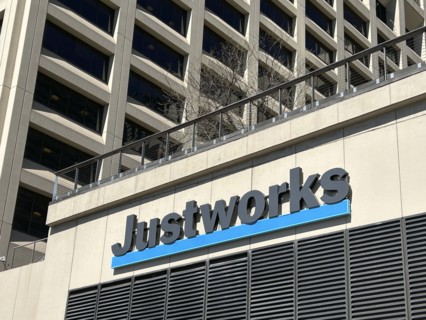 Justworks, exterior building sign, New York City, New York, USA