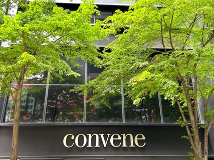 Convene, premium office and event space, building exterior and company sign, New York City, New