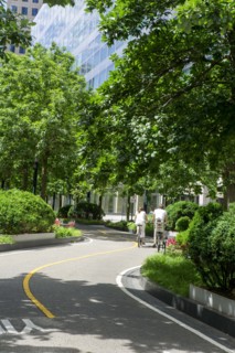 Rear view of couple, one with small child, riding bicycles on bicycle path with 200 West Street in