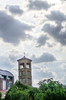 Judson Memorial Church,
Campanile (foreground and right), Furman Hall, New York University (left),