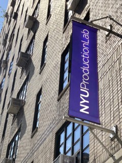 NYU Production Lab, building exterior and banner, New York University, New York City, New York, USA