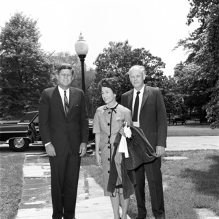 U.S. President John F. Kennedy visiting with aviator Charles A. Lindbergh and his wife, Anne Morrow