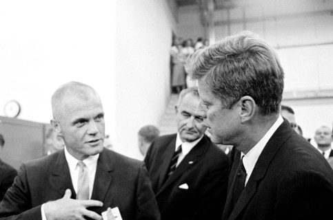 U.S. President John F. Kennedy visiting with astronaut Lieutenant Colonel John H. Glenn, Jr.