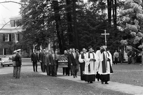 Members of clergy leading pallbearers carrying casket of former U.S. First Lady Eleanor Roosevelt