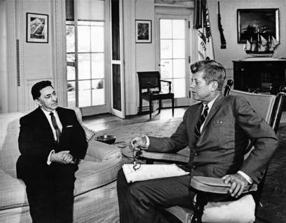 U.S. President John F. Kennedy (in rocking chair) meeting with newly-appointed Ambassador of