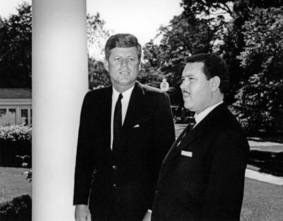 U.S. President John F. Kennedy meeting with Prime Minister of Libya, Mohieddin Fikini, west wing