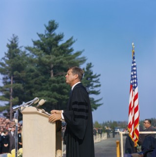 U.S. President John F. Kennedy delivering remarks during convocation, Alumni Memorial Athletic