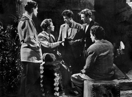 Stanley Escane, James Kenney, Ian Whittaker, Johnny Briggs, Sean Lynch, on-set of the British film,