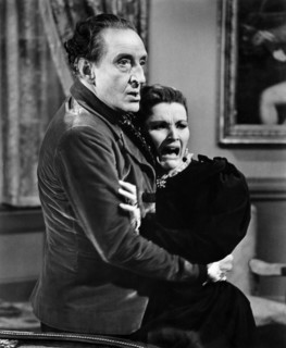 Basil Rathbone, Debra Paget, on-set of the film, "Tales Of Terror", American International