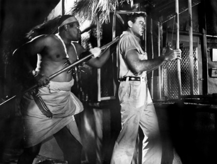 Mike Connors (right), on-set of the film, "Voodoo Woman", American International Pictures, 1957
