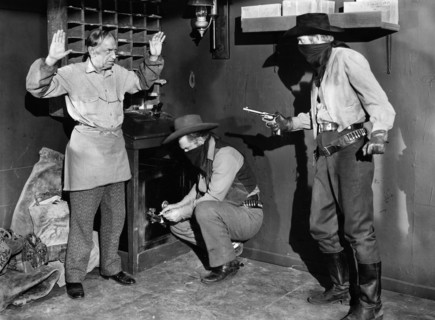 Dick Foran, Dan Duryea, on-set of the western film, "Al Jennings Of Oklahoma", Columbia Pictures,