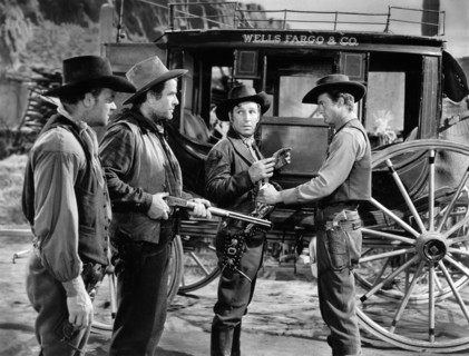 Ray Teal, Grant Withers, Lloyd Nolan, William Lundigan, on-set of the western film, "Apache Trail",