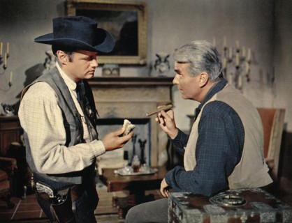 Adam Williams, Kent Smith, on-set of the western film, "The Badlanders", MGM, 1958