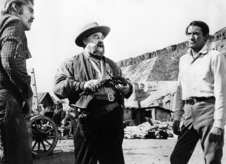 Chuck Connors, Burl Ives, Gregory Peck, on-set of the western film, "The Big Country", United