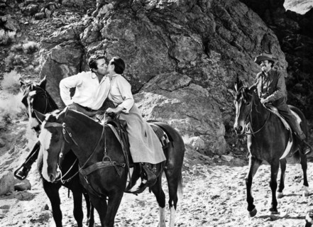 Gregory Peck, Jean Simmons, on-set of the western film, "The Big Country", United Artists, 1958