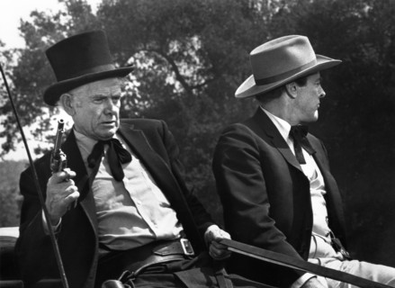 Charles Bickford, Kevin McCarthy, on-set of the western film, "A Big Hand For The Little Lady",