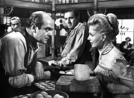 Joanne Woodward (right), on-set of the western film, "A Big Hand For The Little Lady", Warner Bros