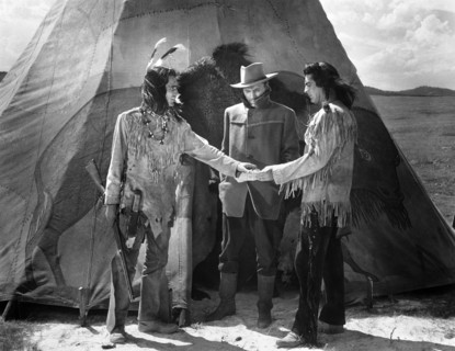 Keith Larson (left), John Lund (center), Victor Mature (right), on-set of the western film, "Chief