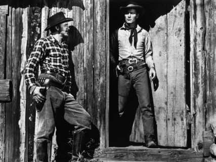 John Dehner,  George Montgomery, on-set of the western film, "Cripple Creek", Columbia Pictures,