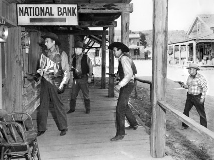 Tom Tyler, Terry Frost, on-set of the western film, "The Daltons' Women", Realart Pictures, Howco,