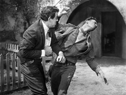 Fred MacMurray, Skip Homeier, on-set of the western film, "Day Of The Badman", Universal Pictures,