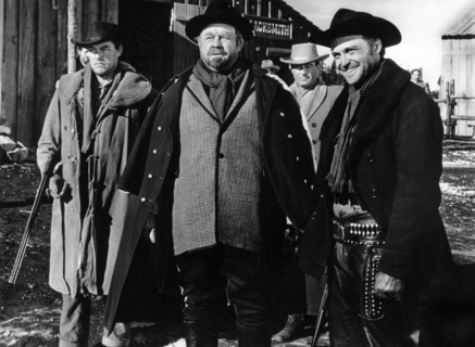 Jack Lambert, Burl Ives, Lance Fuller, on-set of the western film, "Day Of The Outlaw", United