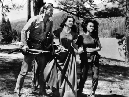 Lex Barker, Cathy O'Donnell, Rita Moreno, on-set of the western film, "The Deerslayer", 20th