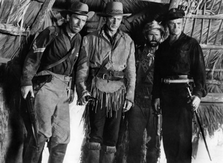 Dan White, Gary Cooper, Arthur Hunnicutt, Richard Webb, on-set of the western film, "Distant