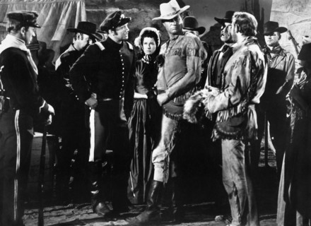 Don Kelly, Nancy Hadley, Jim Davis, Ken Mayer, on-set of the western film, "Frontier Uprising",