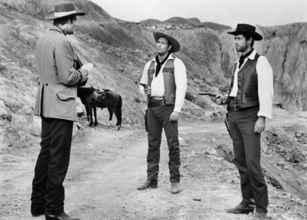 Robert Hundar, Aldo Sambrell, Fernando Bilbao, on-set of the Italian-Spanish western film, "Dollars