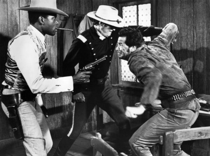 Sidney Poitier, Bill Travers, James Garner, on-set of the western film, "Duel At Diablo", United