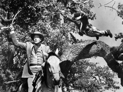Joel McCrea (on horse), on-set of the western film, "The First Texan", Allied Artists, 1956