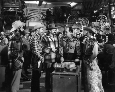 Kewin Mathews, Guy Madison, Brian Keith, William Conrad, Alvy Moore, on-set of the western film,