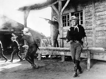 Don "Red" Barry (right), on-set of the western film, "Fort Courageous", 20th Century-Fox, 1965